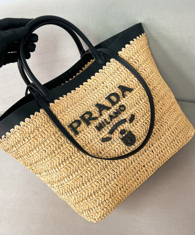 Prada Medium Crochet And Leather Tote Bag 1BG499 Apricot
